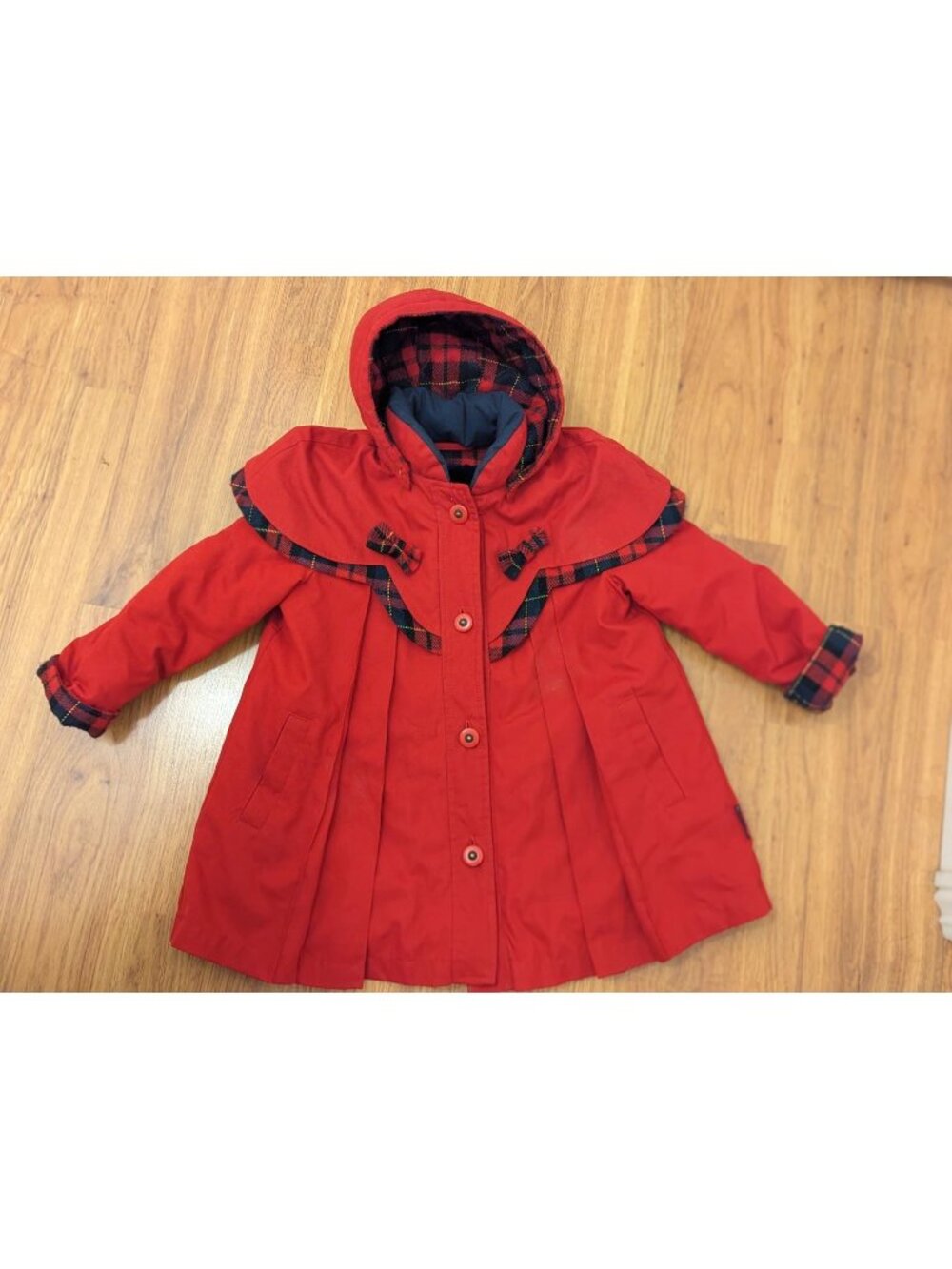 London Fog Red Girls Hooded Coat With Plaid Trim & Bow Details